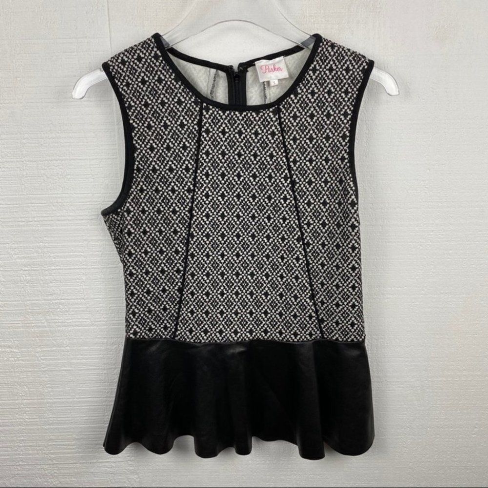 Parker Leather Peplum Tank Top S Black White